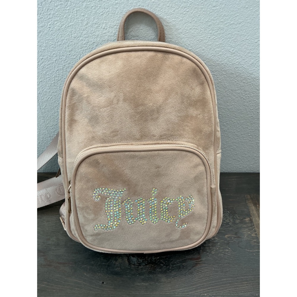 Juicy Couture Velour Mini Backpack Rhinestone Logo Tan Taupe